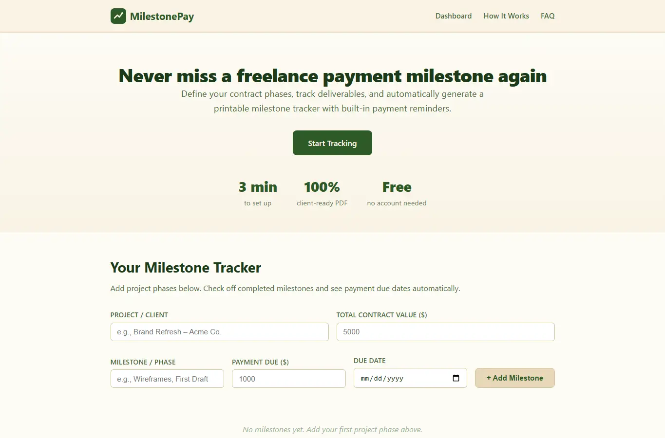 Screenshot of MilestonePay – Freelance Contract Milestone Tracker interface showing the project page in use